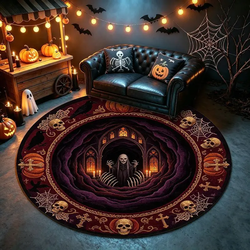 VIKAMA Halloween Round Rug Gothic Skeleton Death Abyss 3D Castle Non Slip Area Rug Living Room Spooky Decor Soft Durable Unique