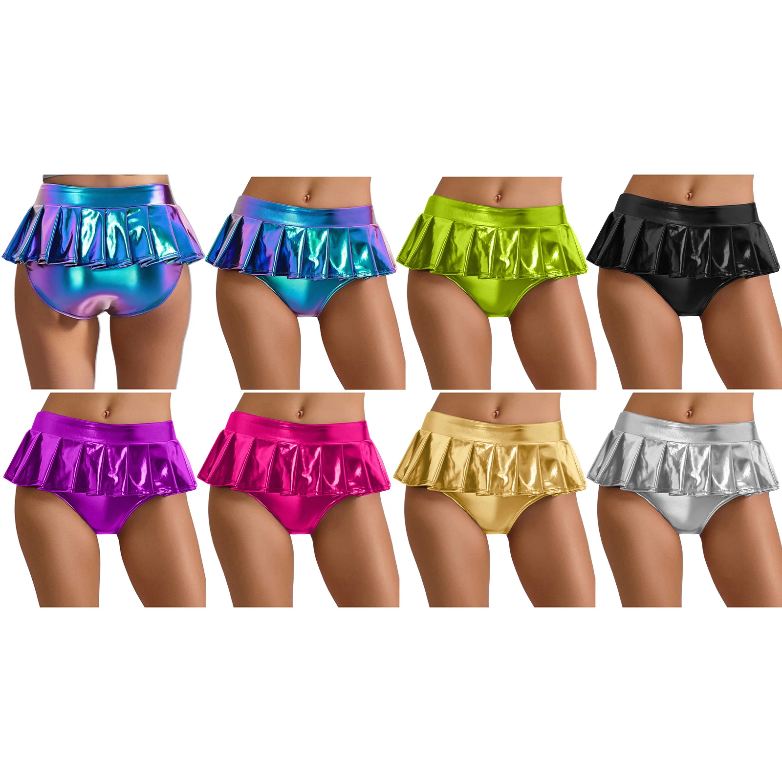 Mini jupe métallique brillante pour femmes, ourlet plissé pour vêtements de danse de fête Rave