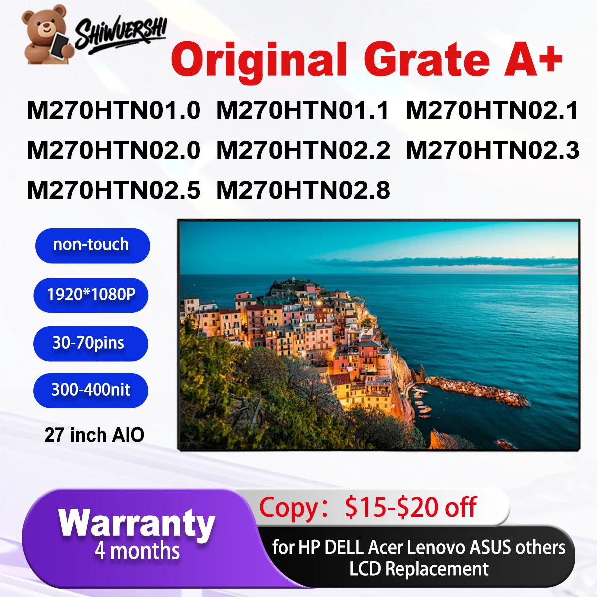 

Original New 27'' LCD Panel Display Monitor M270HTN01.0 M270HTN01.1 M270HTN02.1 M270HTN02.0 M270HTN02.2 M270HTN02.3 M270HTN02.5