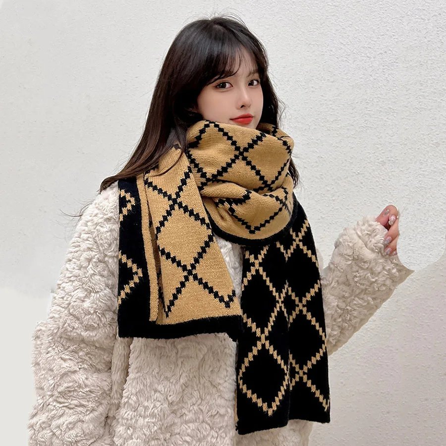 Fashion Diamond Plaid Knit Scarf Long Women Winter Thick Warm Neckerchief Unisex Muffler Birthday Gift