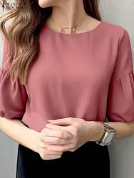 2024 ZANZEA Women Summer Tops Elegant OL Work Shirt Female Blouse O Neck Half Sleeve Blusas Casual Solid Party Tunic Oversize