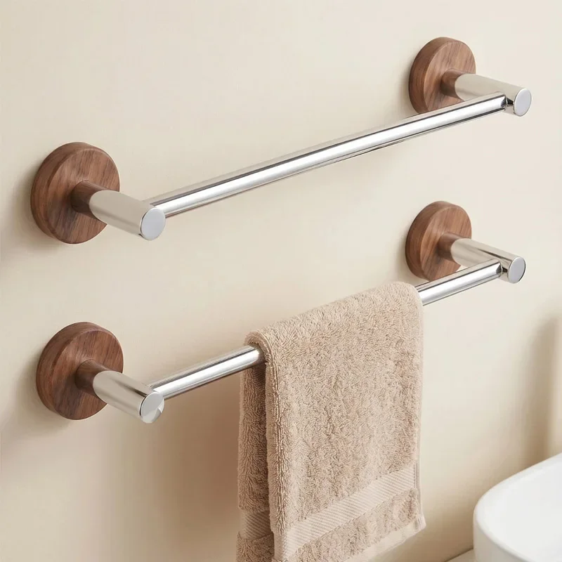 yesNo Drill Wooden Base 304 Stainless Steel Wall Mounted Single Towel Bar Anti‑Rust Space Saving Bathroom Towel Holder
