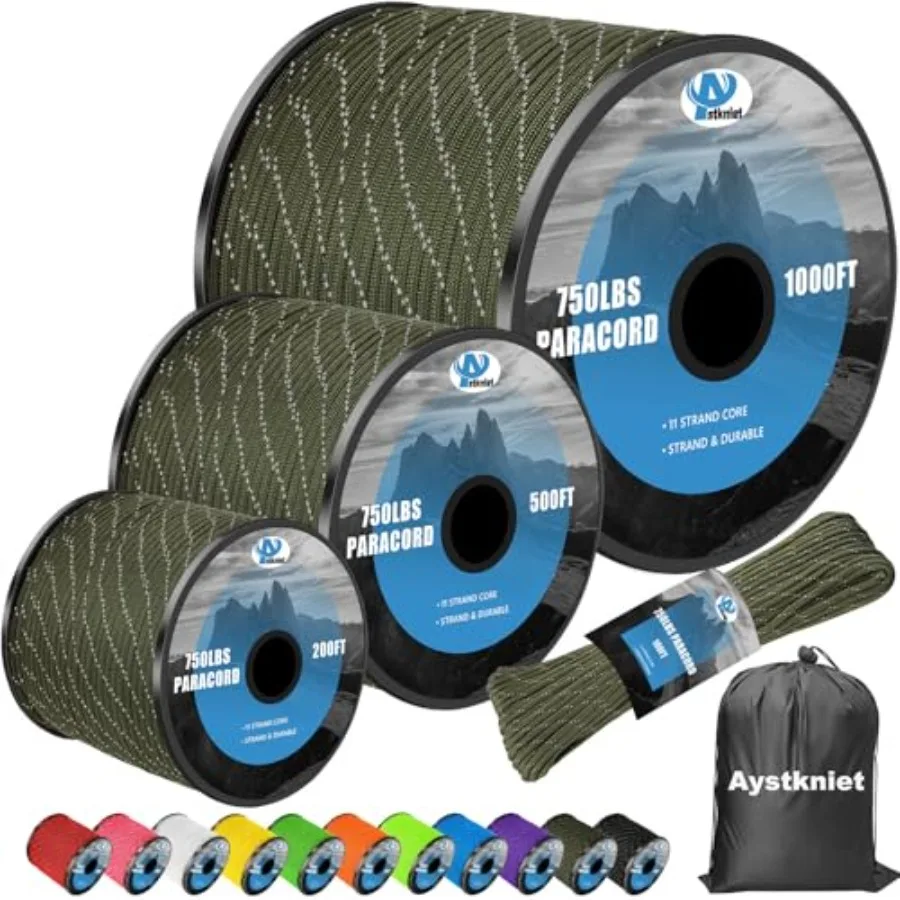 

750Ib Reflective Paracord Rope100' 200' 500' 1000' 4mm 11 Strand Parachute Spool Cord with Collecting Bag para Cord Lanyard for
