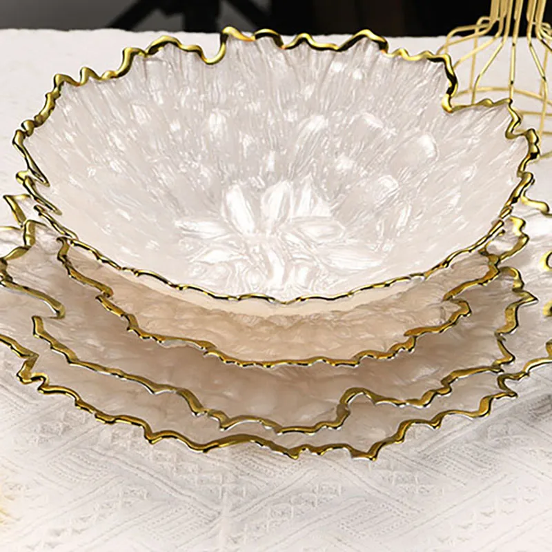 Gold Stroke Glass Plates Creative Irregularity Living Room Desktop Fruit Plates Afternoon Tea Desktop Snack Dish Kitchen Cutlery