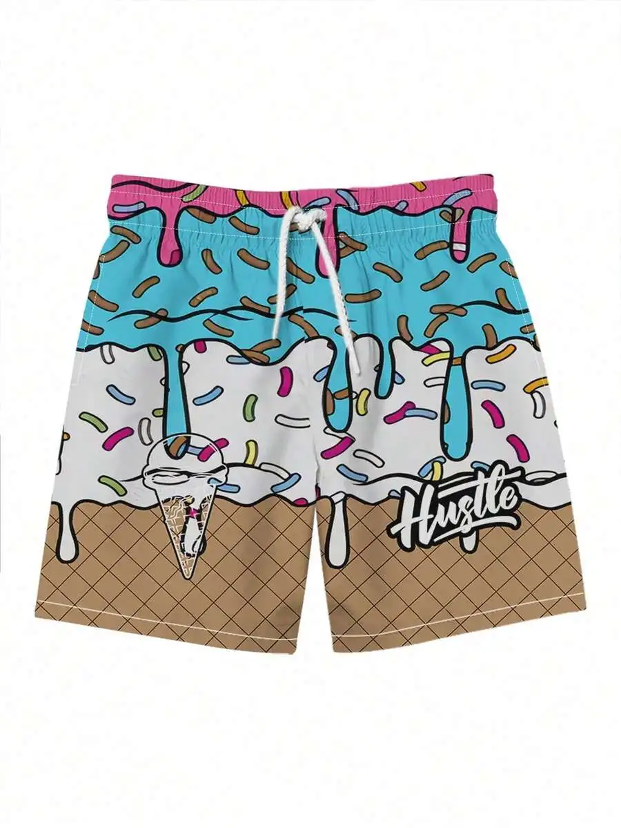 

Plus Size Men's Ice Cream & Cake Print Casual Beach Shorts, Drawstring Waist, Single Layer, No Lining, Suitable For Summer