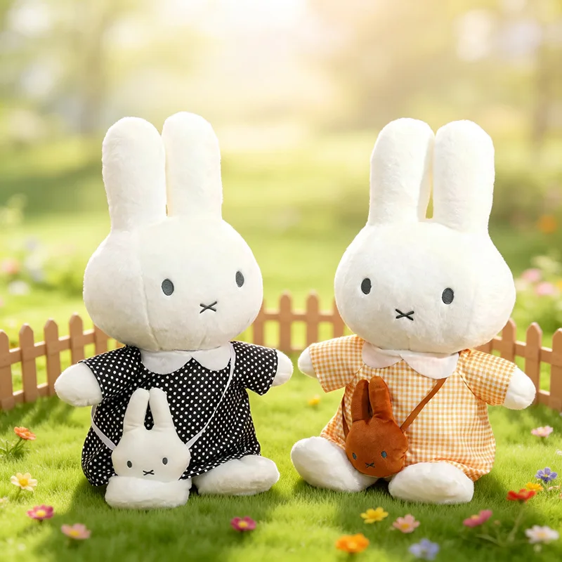 Cute Kawaii Miffy Rabbit Plush Toy Shoulder Bag Large Bunny Stuffed Animal Plaid Dress Sleeping Companion Doll Girl Gift