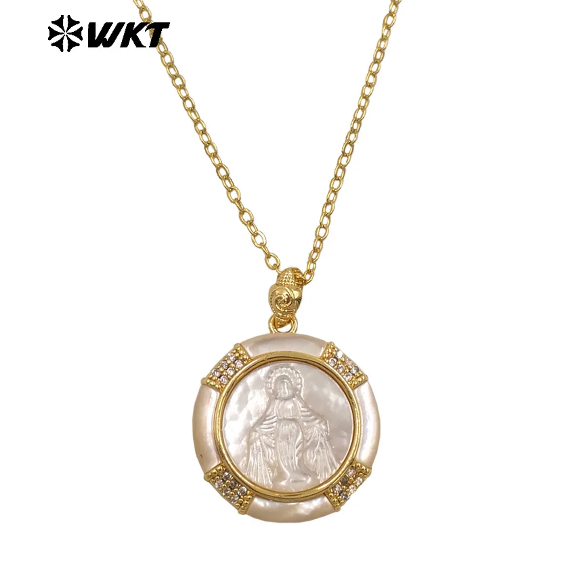 

WT-JN357 Newest Gold Plated MOP Shell Hand Carved Religious Style Pattern Round Pendant Necklace For Girls Causal Matching