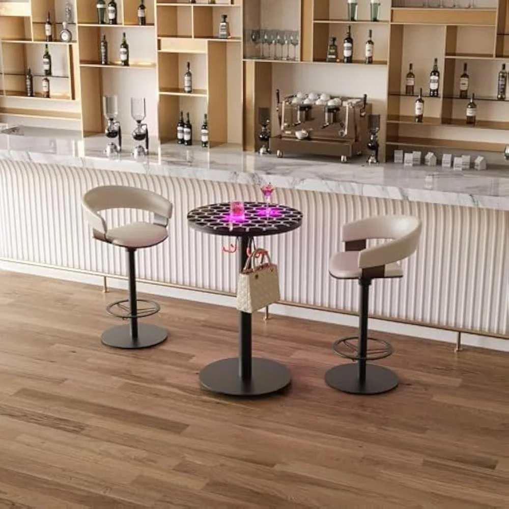 바 테이블, 다채로운 조명과 유리 상판이 있는 모던한 원형 바 테이블, 스타일리시한 인터랙티브 칵테일 테이블, 훌과 메타 포함