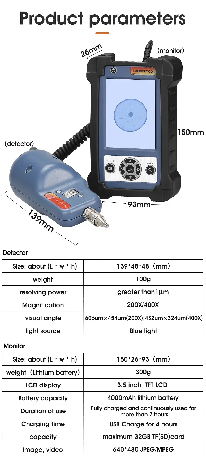 Best sell COMPTYCO AUA-400 Fiber Optic Inspection Microscope Probe with 3.5 Inch Display Screen