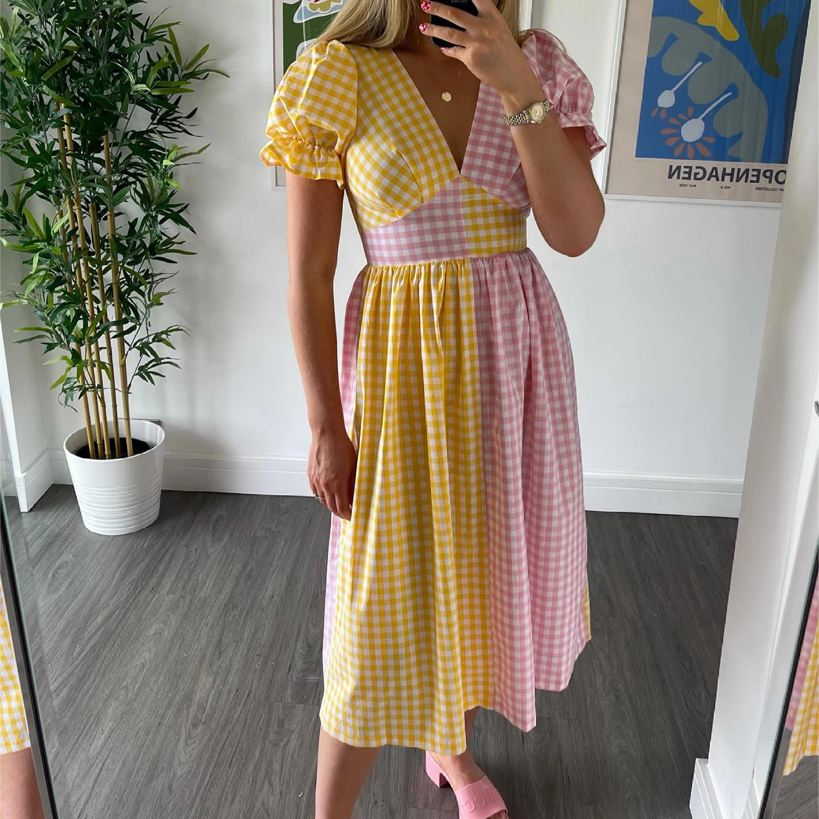 Fashion Women Gingham Dresses Puff Sleeve Empire Waist Contrast Colors Plaid Long Dresses Beach Vocation Sundress