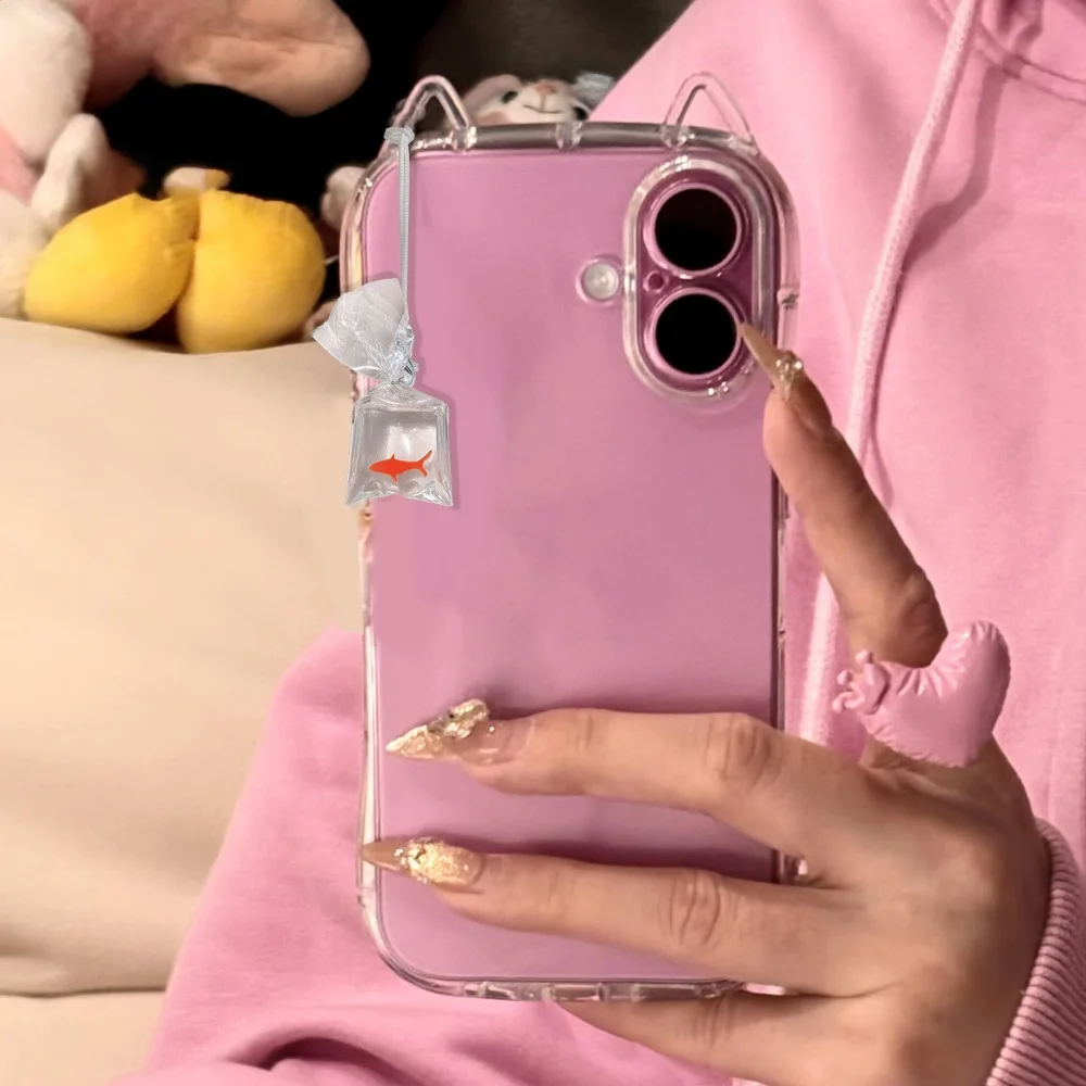 Fashion 3D Cute Cat Ears Clear Fish Pendant Phone Case For iPhone 16 15 14 13 12 11 16 Pro Max Plus Shockproof Soft Back Cover