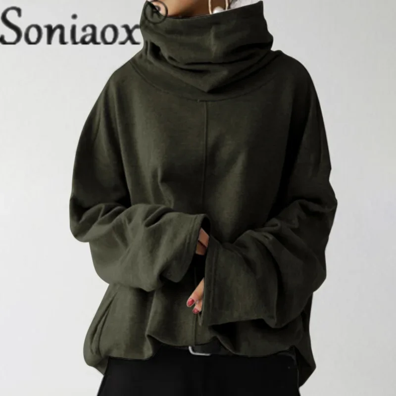 Women\'s Turtleneck Loose Solid Color Sweatshirt Autumn Winter Long Sleeve Pocket Hoodie Casual Outerwear Ladies Trend Streetwear