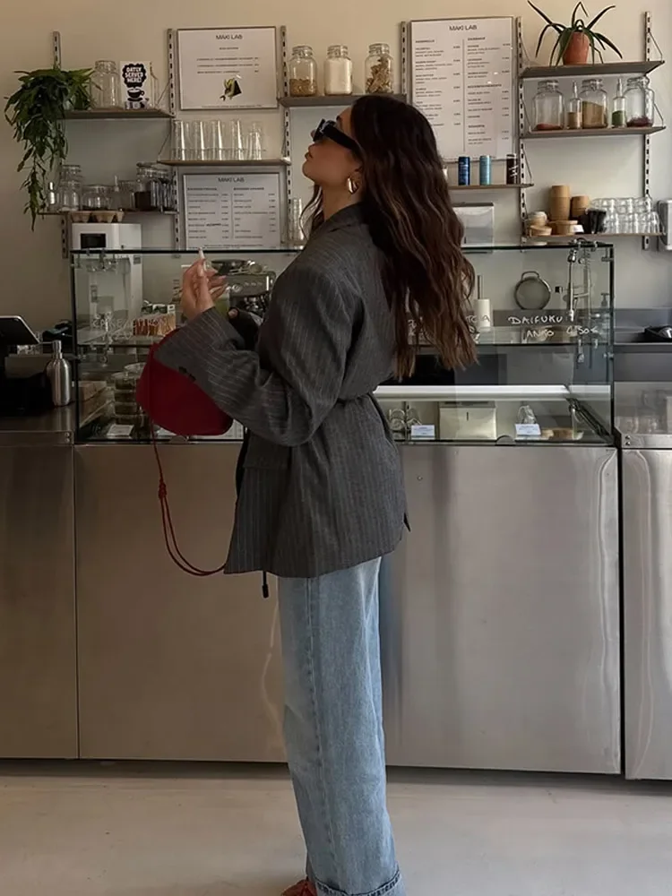 

V-neck Stripe Lace Up Casual Suit Jacket Women Fashion Full Sleeves High Waist Coats 2025 Classic Office Lady Commute Suit New