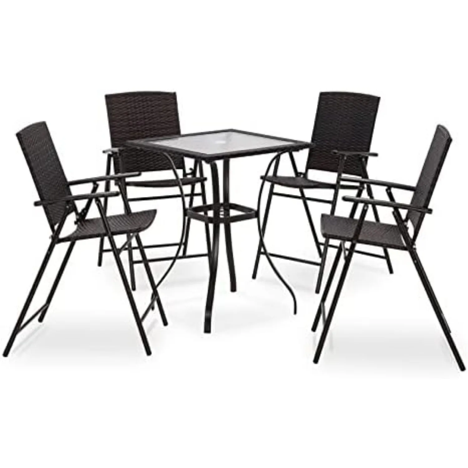 Patio Set 5 Pieces, Black Outdoor Dining Table & Folding Chairs, Metal Frame Patio Wicker Furniture Set w/Square Glass Table Top