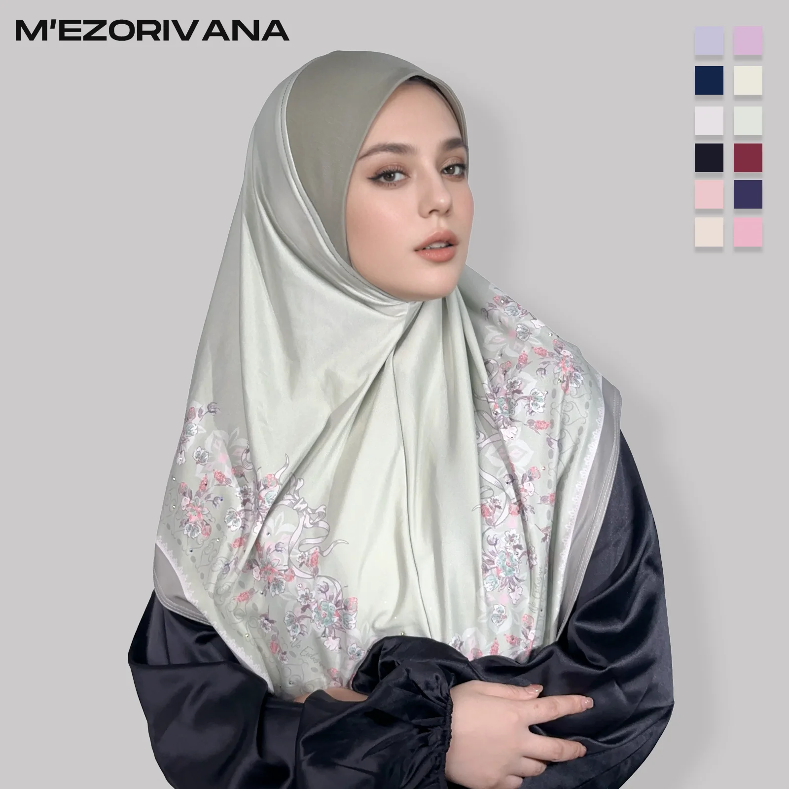 1Pc m'Ezorivana High-End Elegant Muslim Chiffon Hijab for Women - Floral Print Design, Adjustable Size, Breathable Cover-Up with Snap Button Design, Available in Twelve Colors, Machine Washable, Suitable for Ramadan, Eid, and Special Occasions, Multifunctional Traditional Islamic Clothing