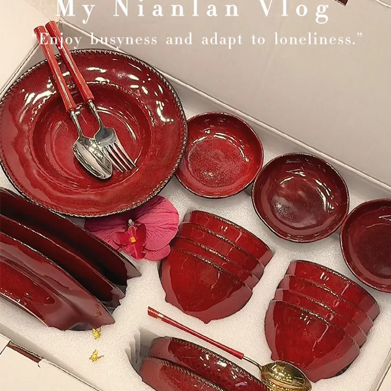 

Hxl kiln reddish bowl and plate set ceramic tableware gift