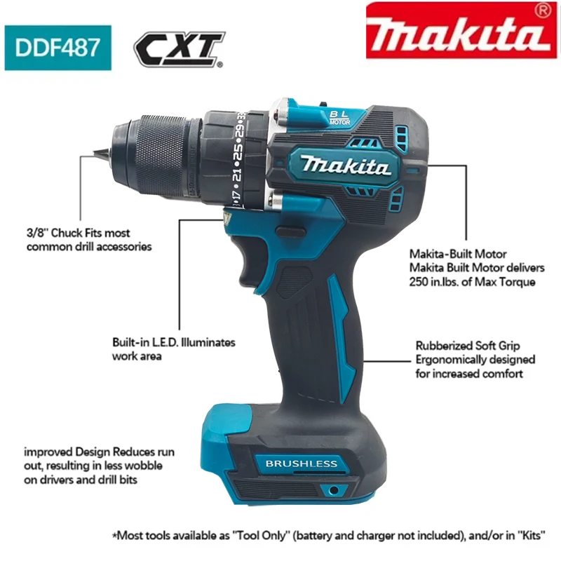 Makita Battery 18v  Makita DDF487 Cordless Driver Drill 18V Brushless Electric Impact Screwdriver Rechargeable Power Tool