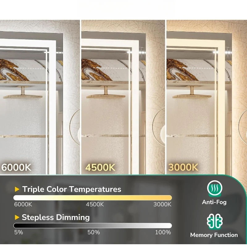 Cermin LED Kamar Mandi 24X32 dengan Lampu, Lampu Depan & Lampu Latar Kontrol Terpisah, Cermin Menyala Kamar Mandi dengan 3 Warna Steple