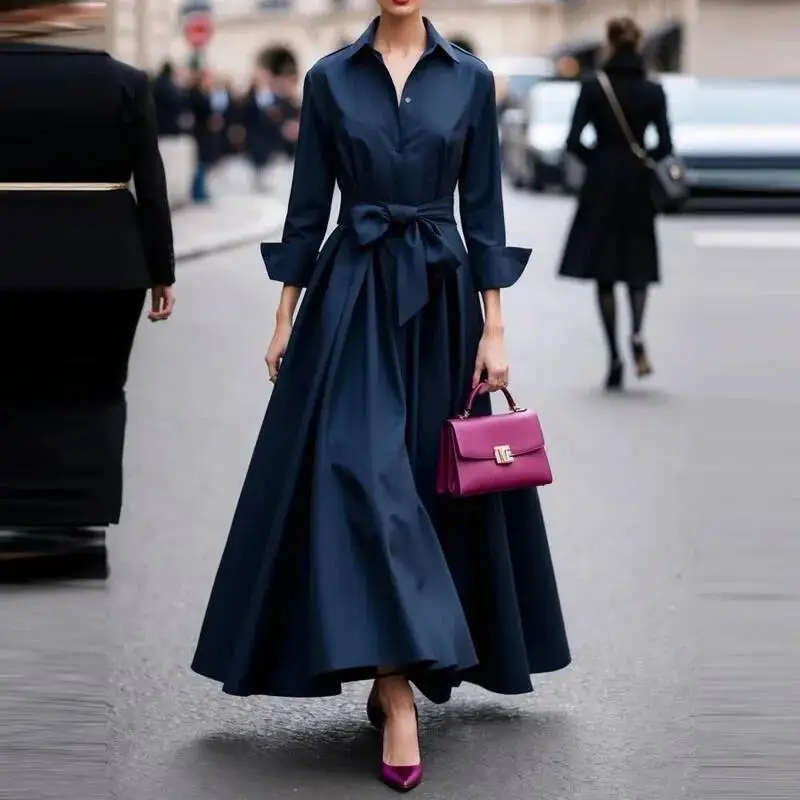 Feminino casual manga sólida longa moda lapela drapeado robe camisa elegante único breasted amarrar cintura vestido de festa