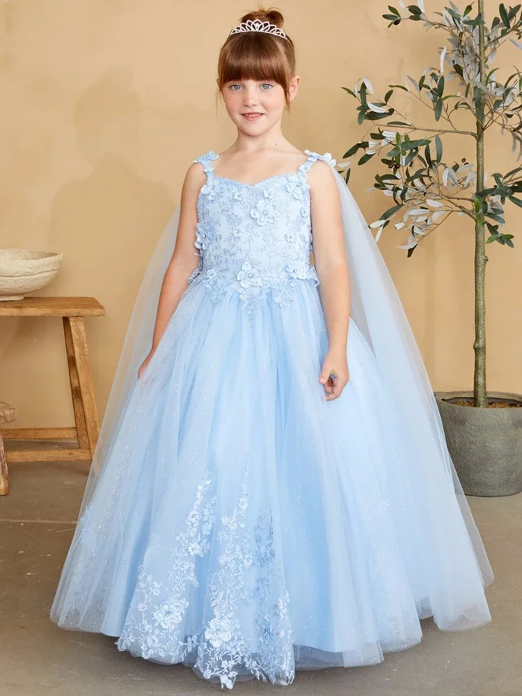ชุดเดรสดอกไม้ Sky Blue Tulle ดอกไม้ Appliques พร้อมผ้าคลุมไหล่สําหรับงานแต่งงานวันเกิด Party Gowns จัดเลี้ยงที่กําหนดเอง