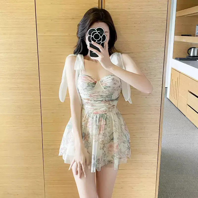 Sexy moda coreana estampado de flores malla push up trajes de baño una pieza corbata correa de espagueti mini vestido bikini acolchado traje de baño tankini