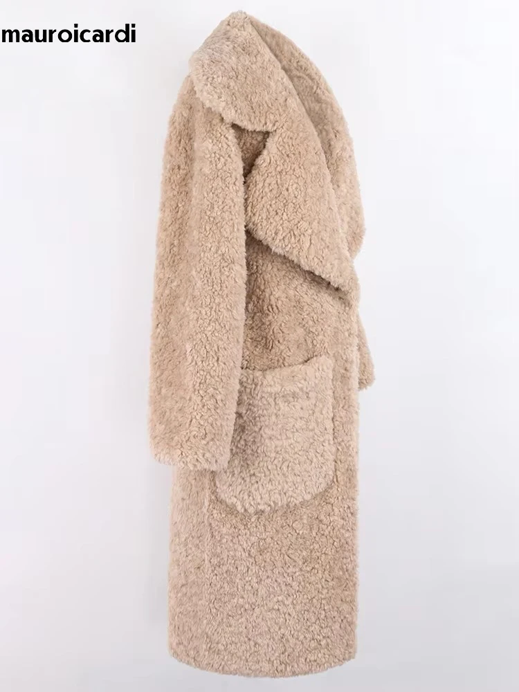 Mauroicardi Autumn Winter Long Oversized Thick Warm Fluffy Khaki Faux Fur Coat Women Pockets Loose Casual Korean Fashion 2024