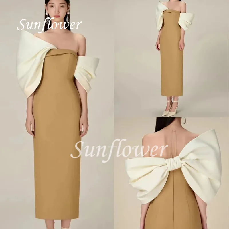 Sunflower Sexy Strapless Bow Tea-Length Satin Evening Dress 2023 Contrast Color Three Quarter Sleeve Mermaid High-end Customed