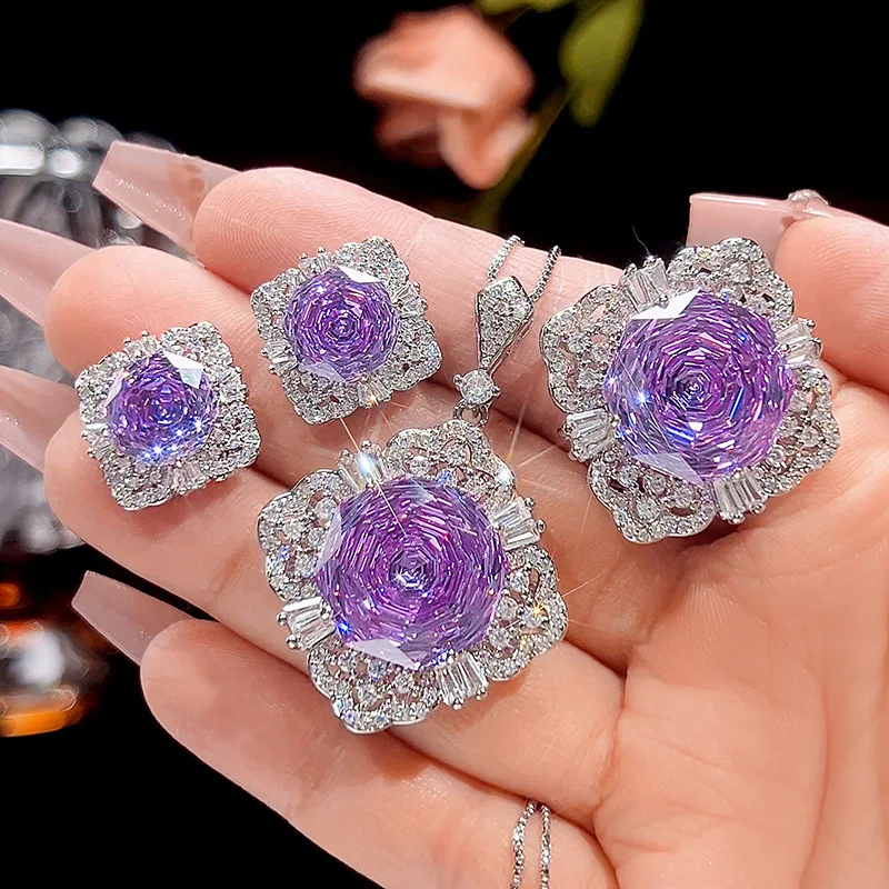 

Purple Crystal Flower Shaped Statement Jewelry Adjustable Ring Necklace Earrings for Women Elegant Party Wedding Bridal Jewelry