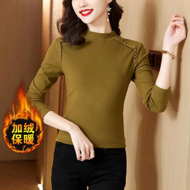 

Autumn and Winter Half Turtleneck Double-sided Velvet Women's New Style Bottomed Long-sleeved T-shirt Top