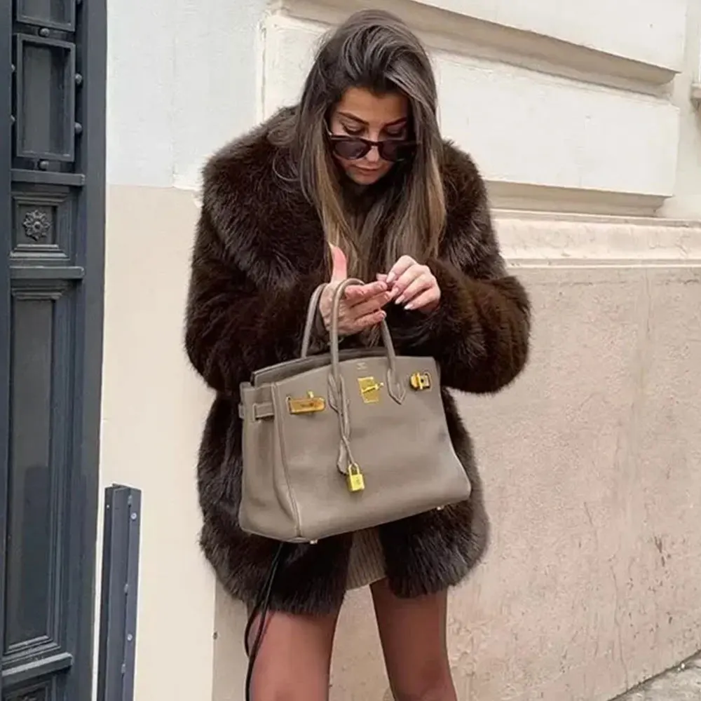 Long Fluffy Faux Fur Coat Women 2025 Winter Thicken Warm Lapel Fox Fur Collar Furry Jacket Large Size Overcoat