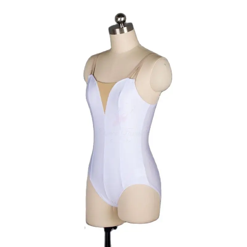 Free Shipping White Spandex Ballet Dance Leotard with V Nude Insert Dancewear for Women Bodywear Plain Leotards Nude Strap 18579