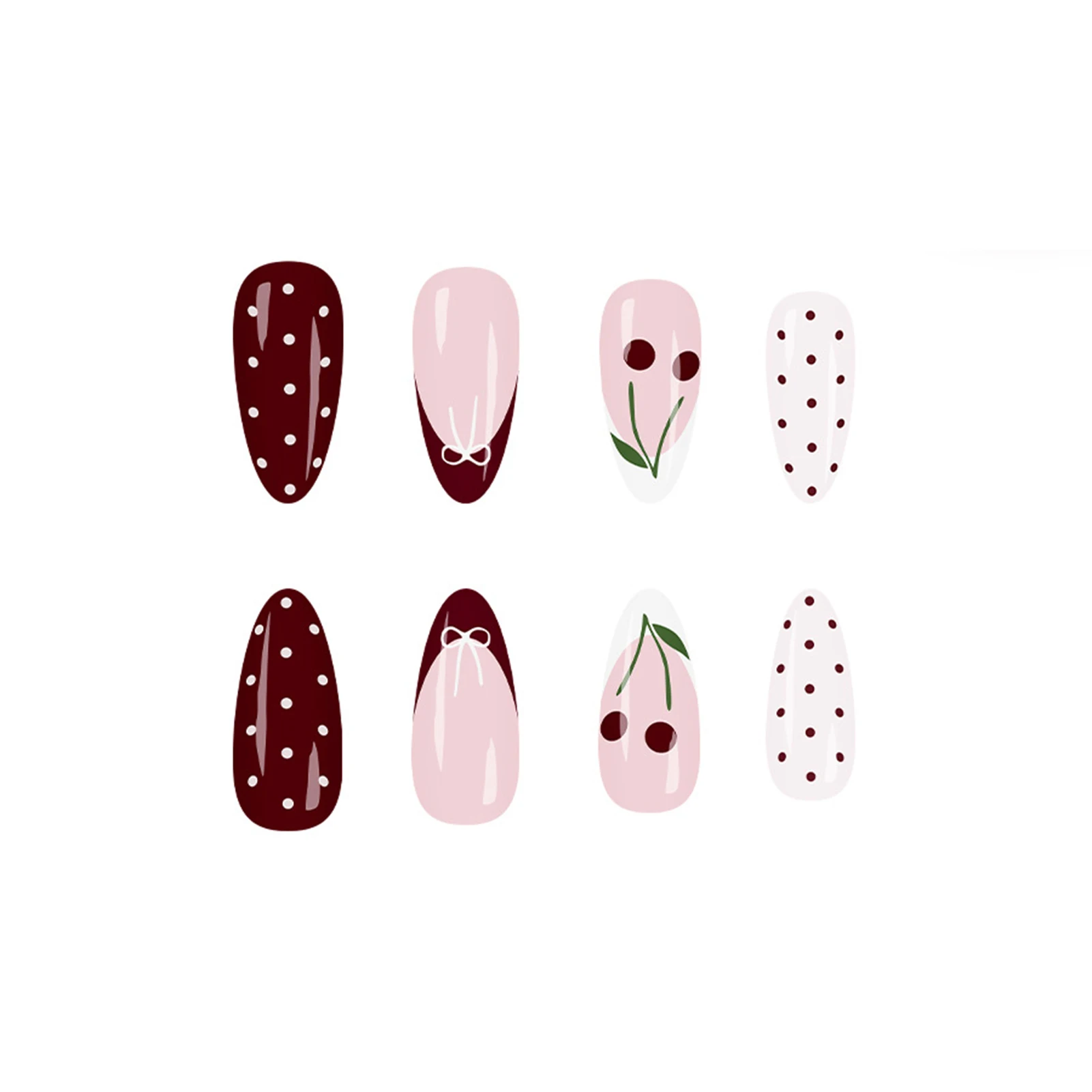 Faux ongles en forme d'amande rouge vin, 24 pièces, avec motifs à pois/nœud papillon/cerise, à pression française, pour femmes et filles, manucure à breloques du nouvel an