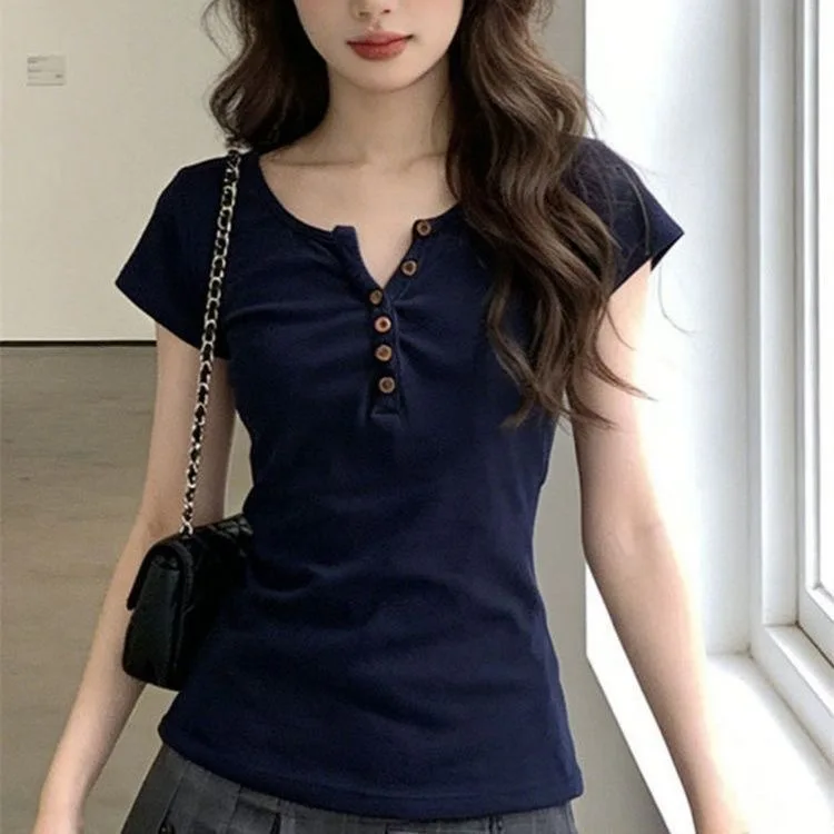 Kimotimo T-shirt Women American Retro Crew Neck Button Short Sleeve Slim Fit Tee Summer Y2k Aesthetic Casual Spicy Girl Crop Top