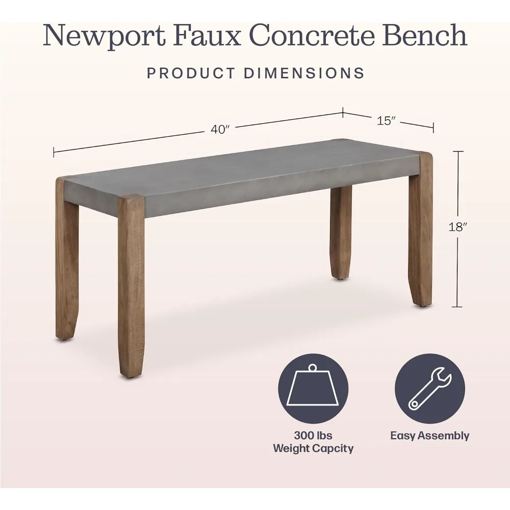 مقعد مدخل صناعي ريفي مقاس 40 بوصة مع مقعد خرساني صناعي - مقعد خشبي متعدد الاستخدامات لغرفة المعيشة وغرفة النوم وتناول الطعام