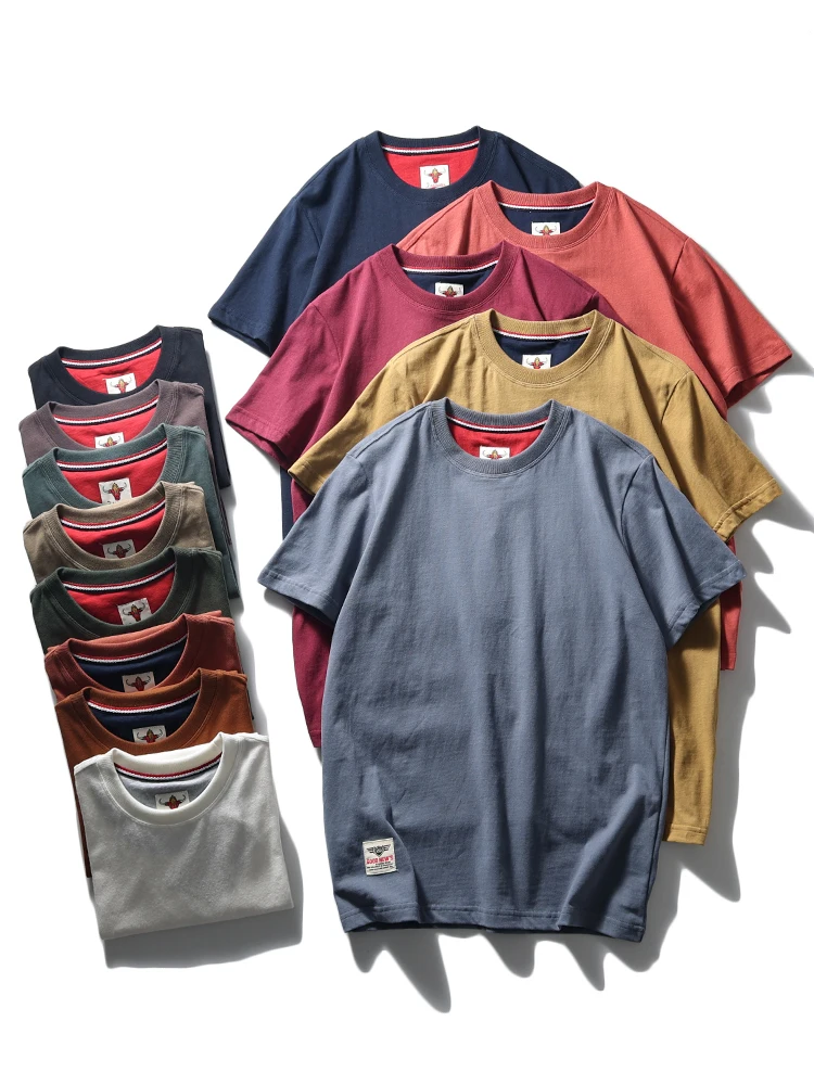 2025 Summer New American Retro Short Sleeve O-neck Solid Color T-shirt Men's Fashion 100% Cotton Washed Casual Terry Cloth Tops image 6