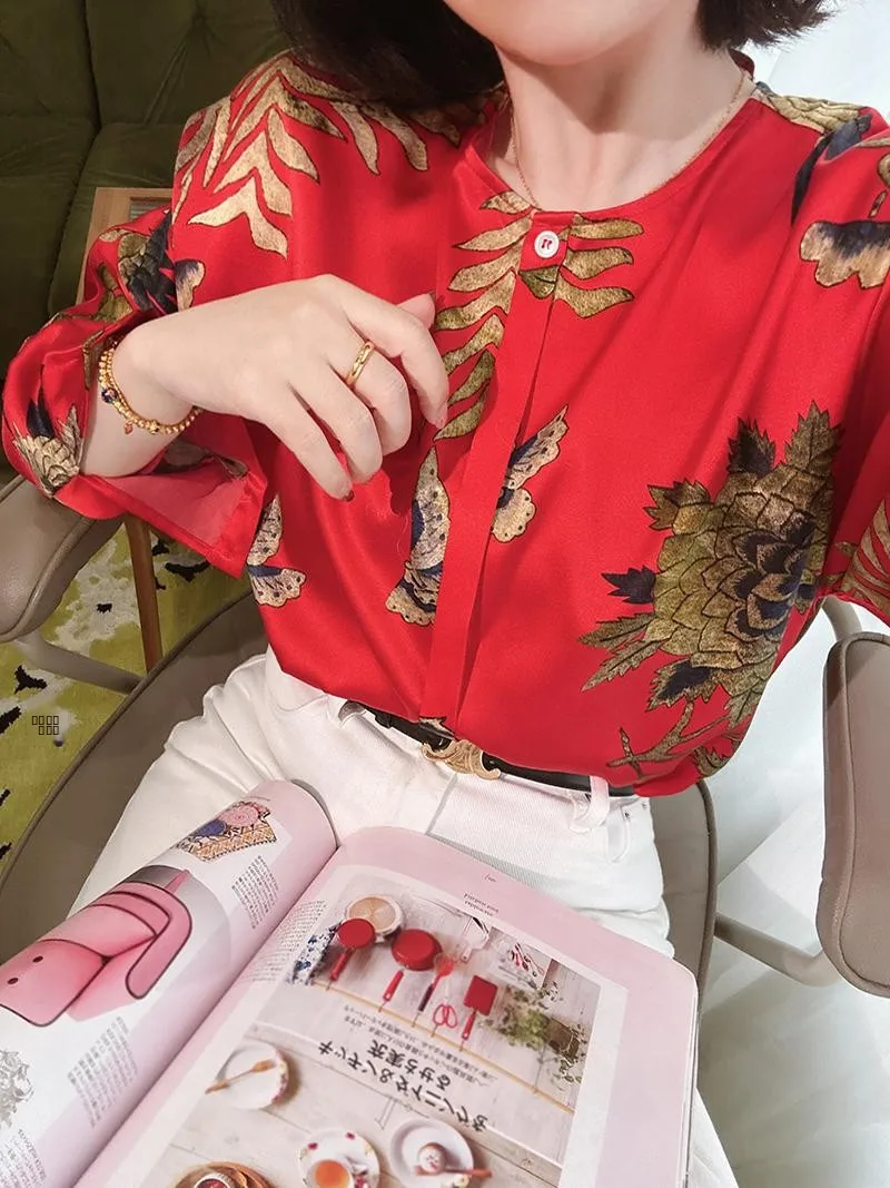 

Romantic Chinese Sle Long Sve Silk Satin Print irt Tailoring Phoenix Peony Red round Ne Women's irt