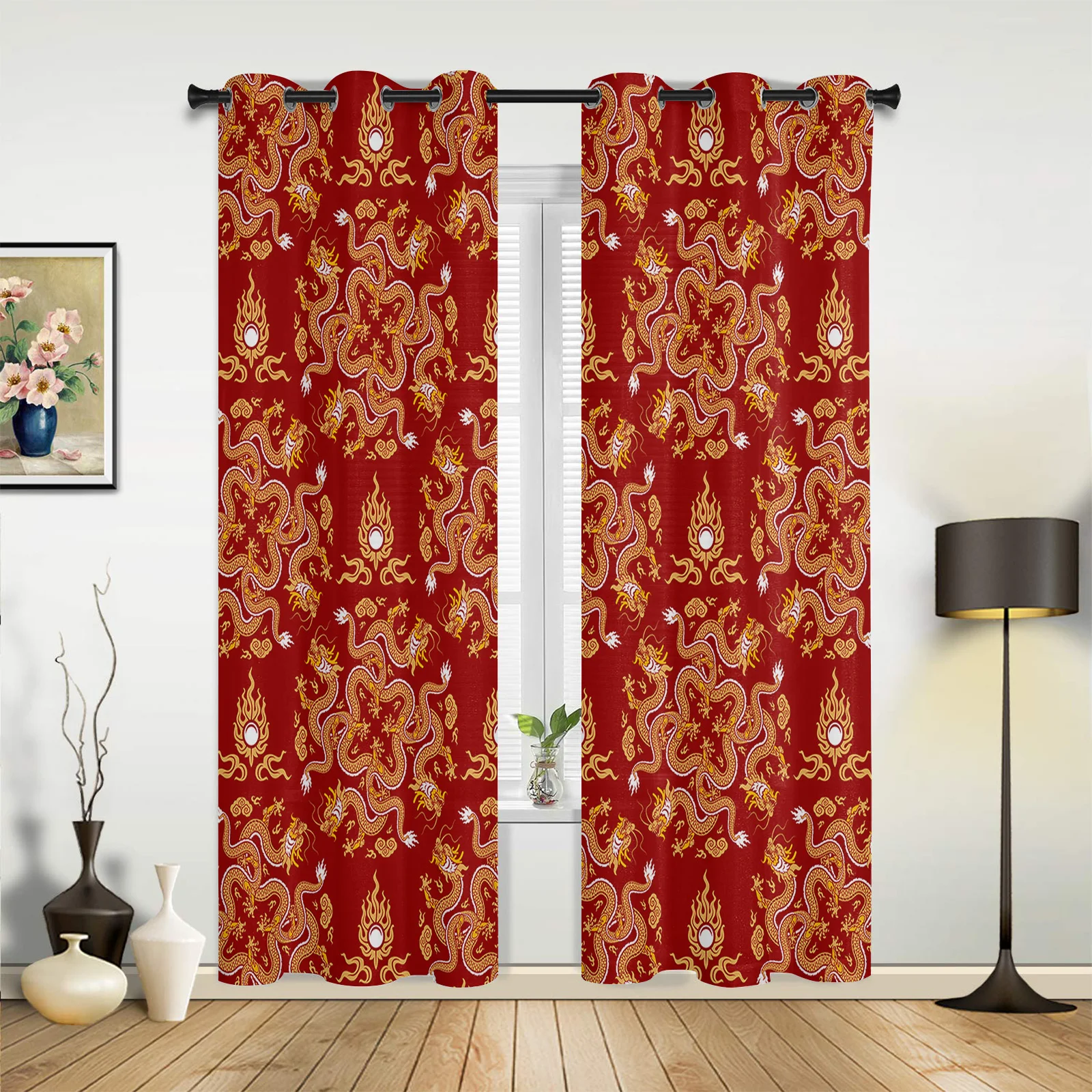 Dragon Red Background Modern Window Curtains for Living Room Luxury Bedroom Blinds Drapes Kitchen Curtains