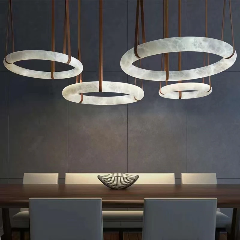 

LED Postmodern Marble Ring Brown Dark Leather Belt Chandelier Lighting 2023 New Trend Lustres Hanging Lamps For Bedside