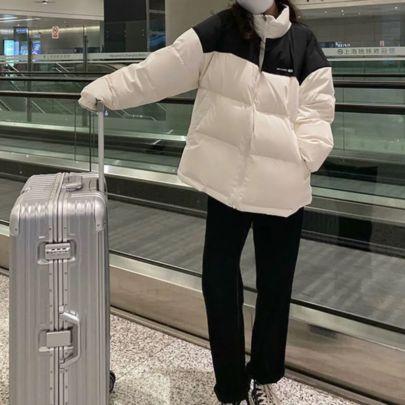Female New Loose Warm Streetwear Fashion Bubble Coat Winter Jacket Women Short Korean Loose Spliced Color Contrast Bread Clothes