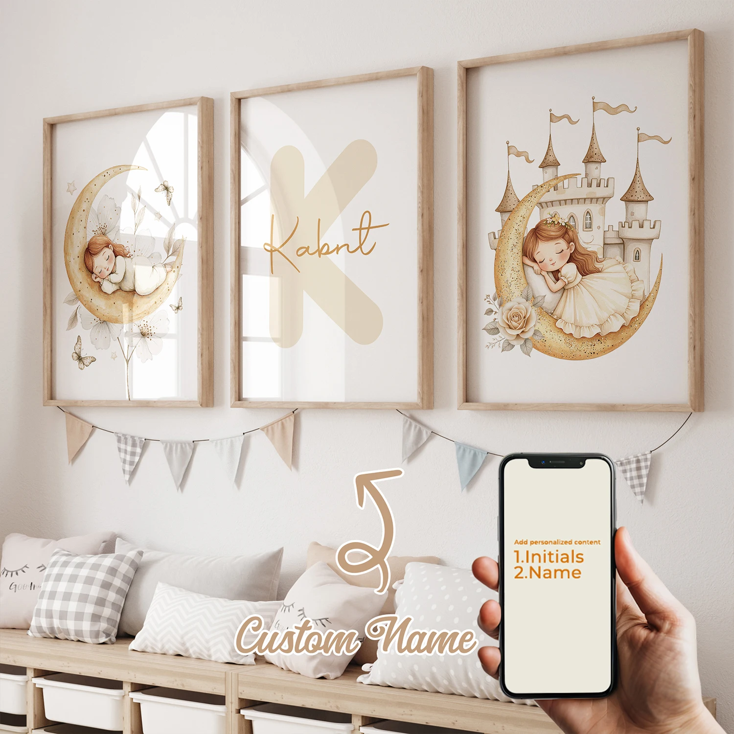 

3pcs Personalized Name Custom Cute Girl Moon Castle Flower Butterfly Wall Art Print Picture Living Room Kids Room Home Decor