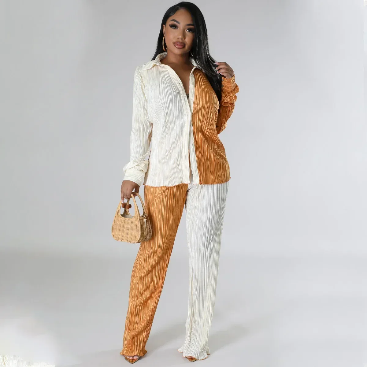 BWQ Colorblocked Pleated Women's Set Oversized Long Sleeve Shirt and Wide Leg Pants 2024 Two 2 Piece Sets Outfits Tracksuit