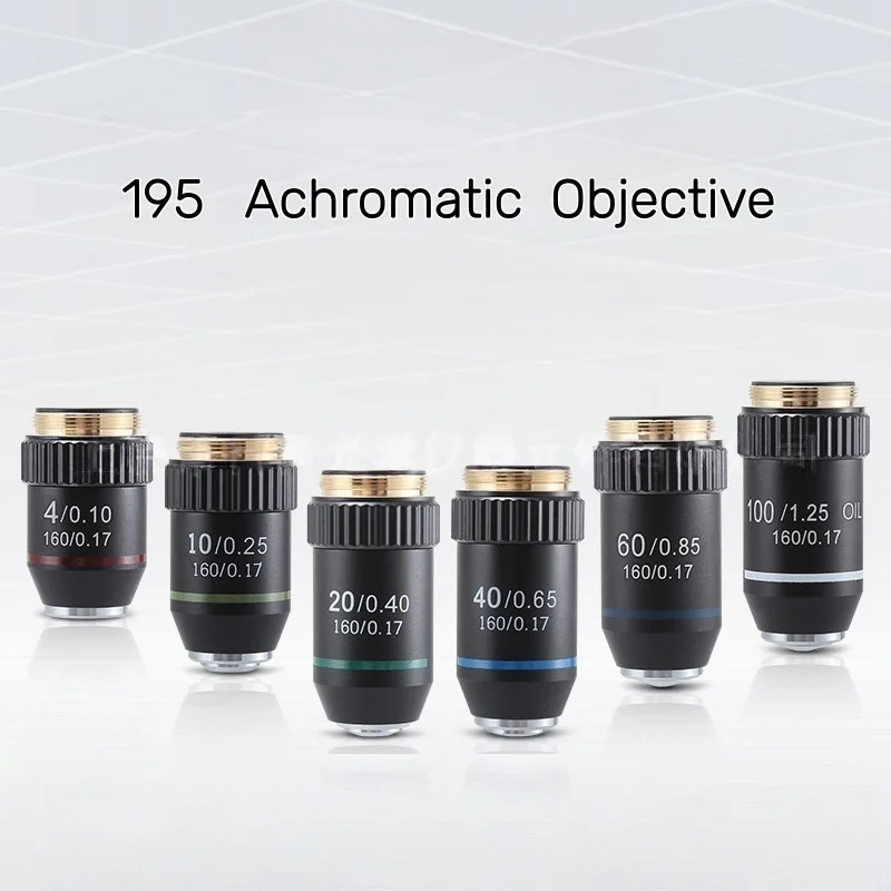 Objectifs de microscope biologique 4-100x, ensemble de lentilles achromatiques à filetage RMS, protection rétractable à ressort, verre multicouche