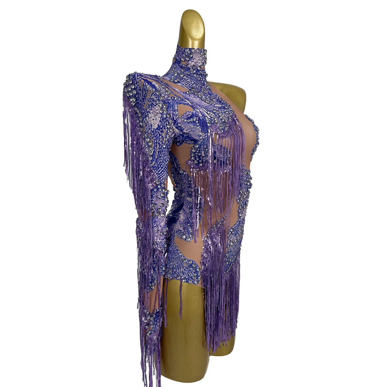 Sexy One Sleeved Leotard Latin Pole Dance Performance Costume Purple Sequins Tassel Bodysuit Nightclub Bar Party Dress Duxiu