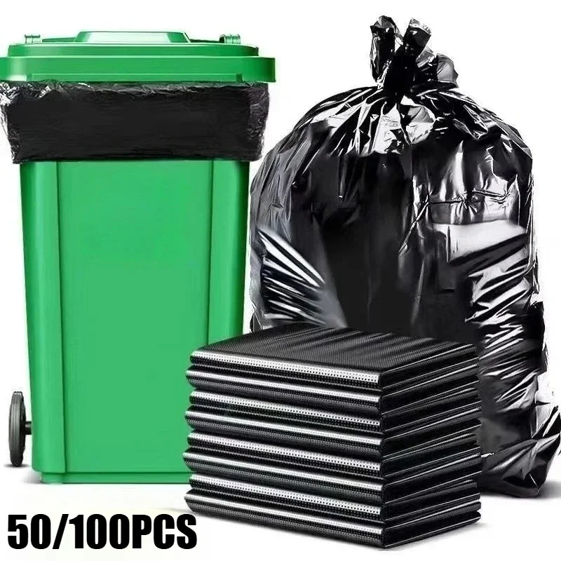 Bolsas de basura gruesas negras Extra grandes, bolsas de limpieza superiores planas, bolsas de basura de plástico para residuos al aire libre de cocina comercial de alta resistencia