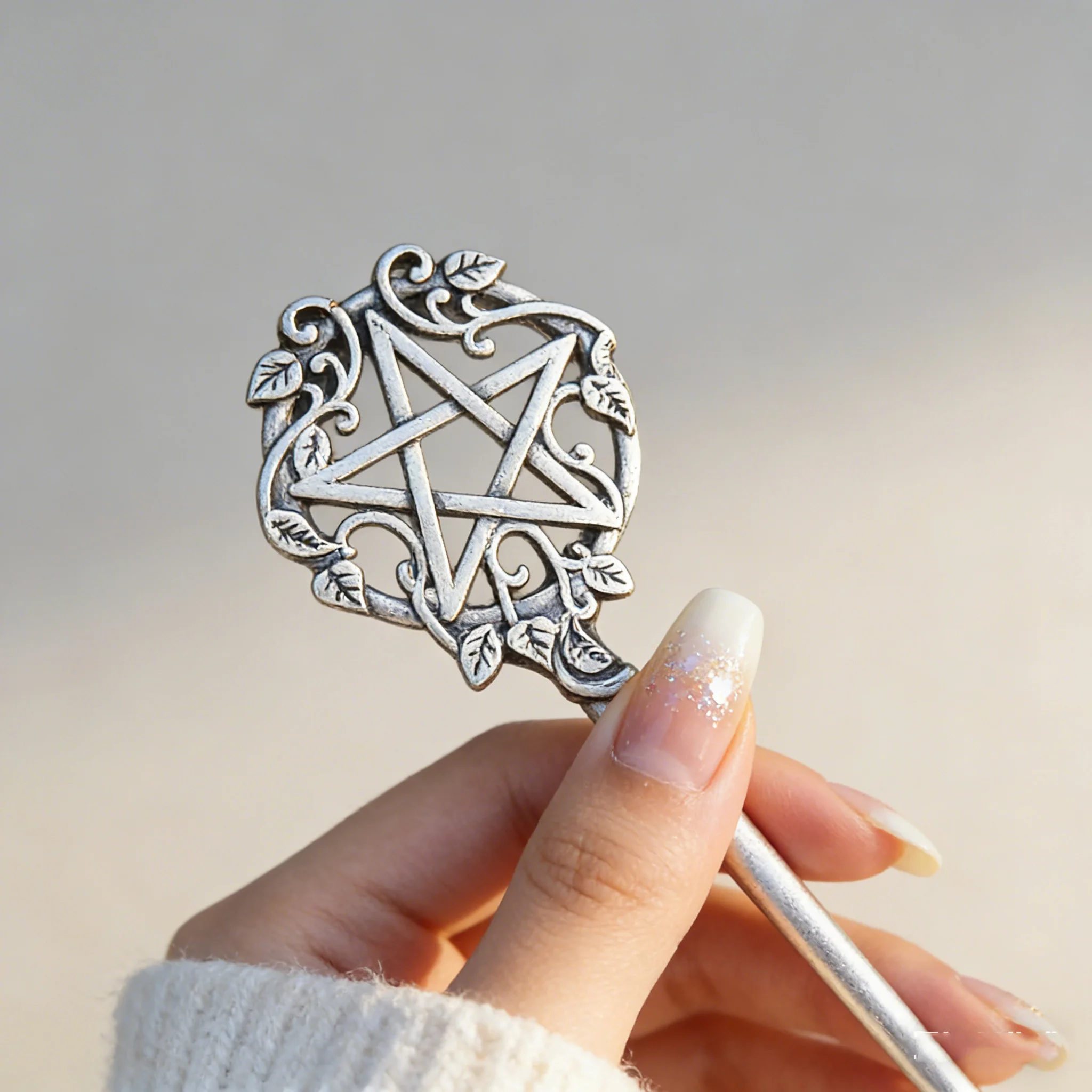 1 قطعة عصا الشعر الخماسي الغامضة تفاصيل معدنية فضية تصميم ساحر الكمال تأثيري السحرية القوطية فريدة من نوعها خمر التبعي #6