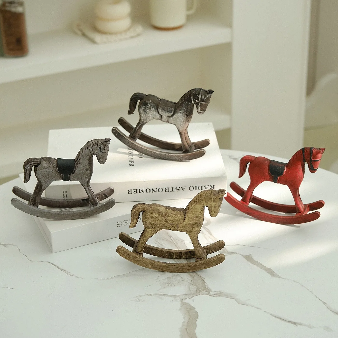 

Nordic Retro Wooden Rocking Horse Tabletop Decor Balance Craft Art Decortion Adornment Miniature Waving Horse Ornament Kids Gift