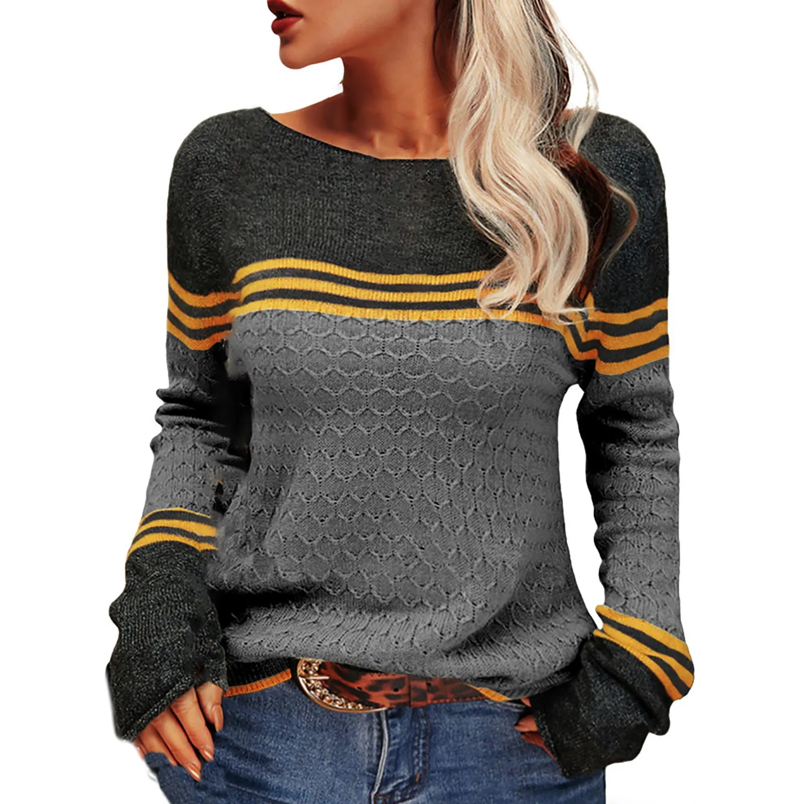 

Women Fall Winter Sweater Striped Color Matching Round Neck Knitted Top Loose Long Sleeve Pullover Lady Casual Sweater