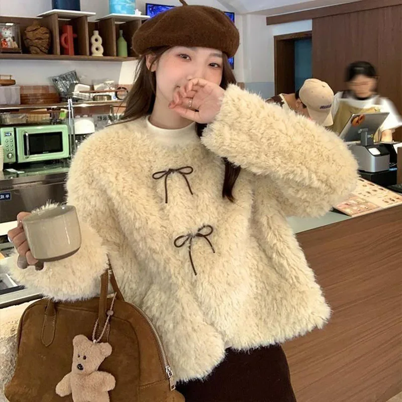 

Women Hairy Crop Coats Winter Vintage Bow O Neck Faux Fur Thick Warm Jacket Slim Casual All Match Long Sleeve Female Outwear New