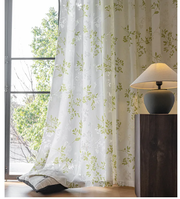 Green Countryside Retro High-end Cotton Printed White Gauze Curtain Transparent But Opaque Living Room Balcony Bedroom Wedding