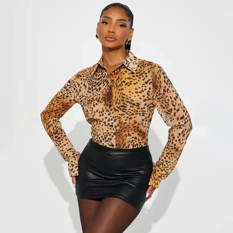 

Женская мода, рубашки с леопардовым принтом, однобортная тонкая повседневная рубашка с отложным воротником и длинными рукавами, топы, дикая сексуальная клубная одежда